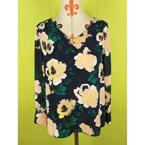 Banana Republic Womens S Floral Blouse Shirt Blue Blush Long Slit Sleeve EUC